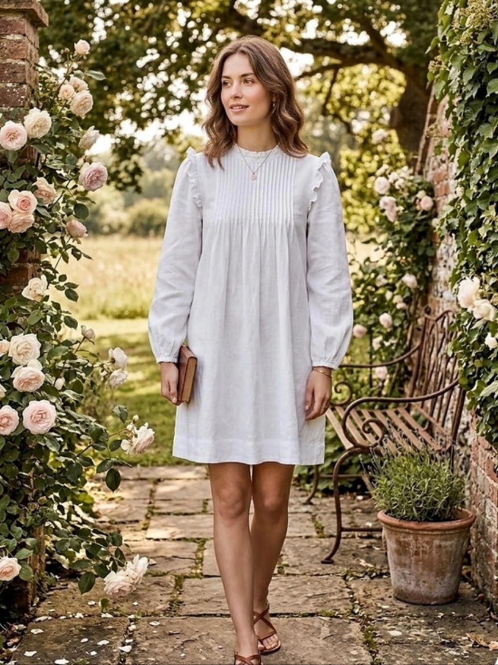 Free People Clover Pintuck Ruffle Linen Blend Tunic Mini Dress in White